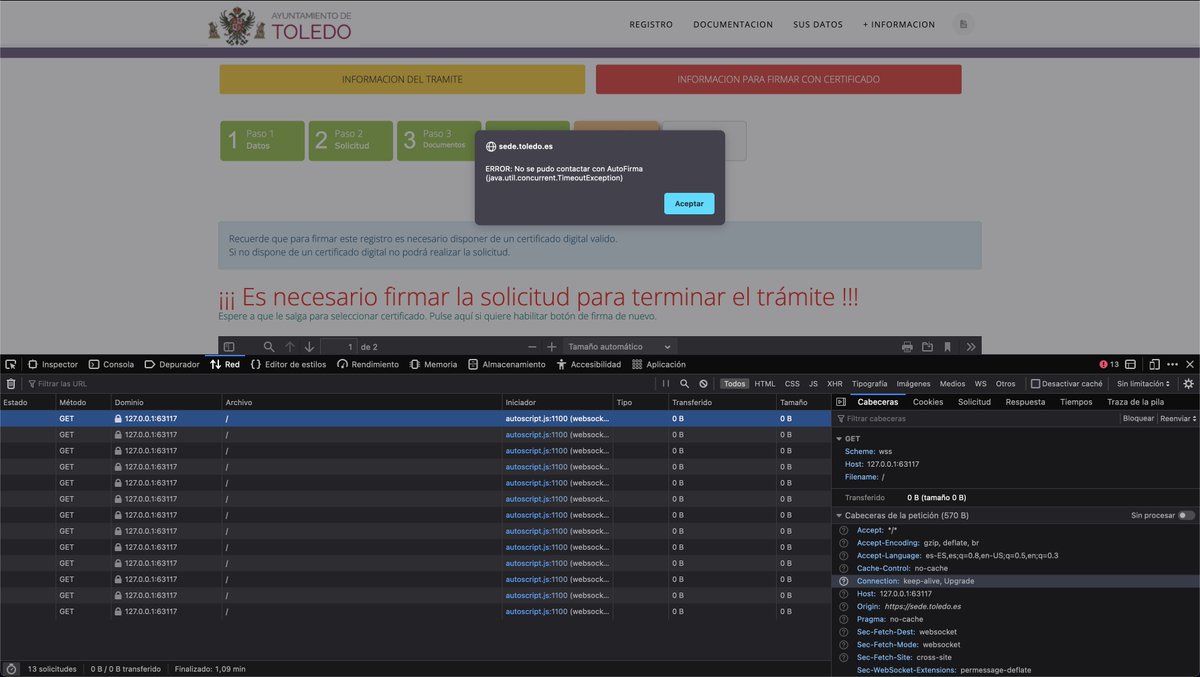 mdelapenya's tweet photo. @toledoayto Analizando las peticiones HTTP de la firma, veo que el websocket apunta a 127.0.0.1!!! que es mi local, por lo que nunca va a funcionar la firma!
#enMiLocalFunciona

Seguro que estas cosillas le gustan más a @JaimeObregon que a @toledoayto https://t.co/v5Pg64N1oc