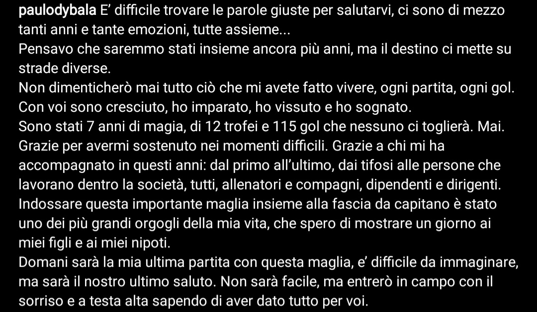 RoyNemer's tweet photo. Paulo Dybala confirming on Instagram that he is leaving Juventus. https://t.co/trjdBg3O6x