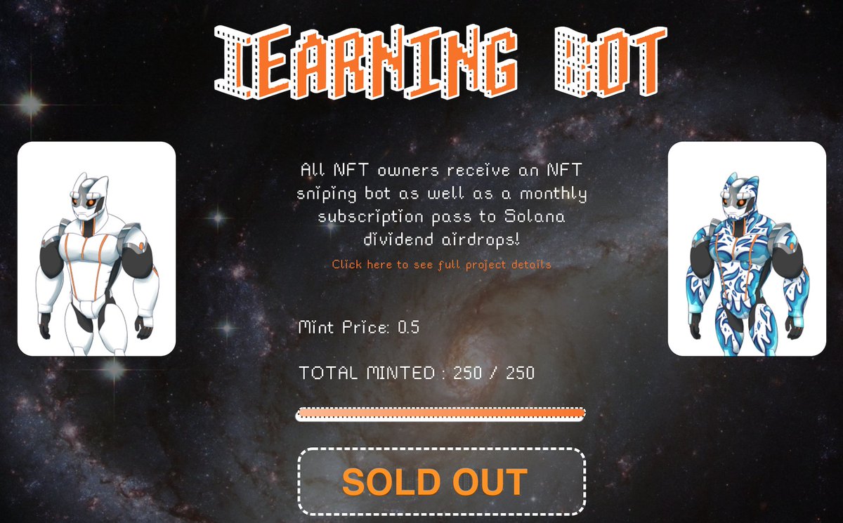 iEarning_Bot's tweet image. 🤖MINT SOLD OUT!!!🤖

📢The team couldn't be more thankful to this amazing community!!!  You are all really the best! LFG and start using the utility NOW!!

🎉Magic Eden link coming ASAP when listed!!

#SolanaNFTs #NFTs #NFTartist #NFTcollection #NFTCommunity #cryptocurrency