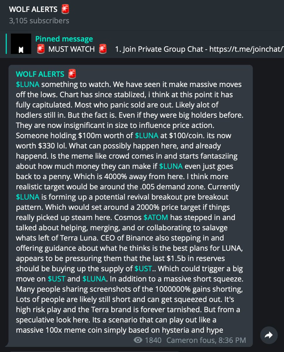 Cameronfous's tweet photo. My thoughts on $LUNA ... It's a pure speculation play not on recovery, but on what it will/could become. Could be adopted by another chain, bought out, or forked per plan. $LUNA brand is tarnished forever, it wont recover. But it's now a meme coin. Can either 100x or go to zero https://t.co/vsX5ReO09Y