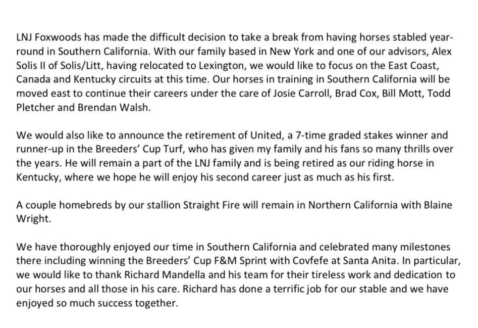 Statement From LNJ Foxwoods..