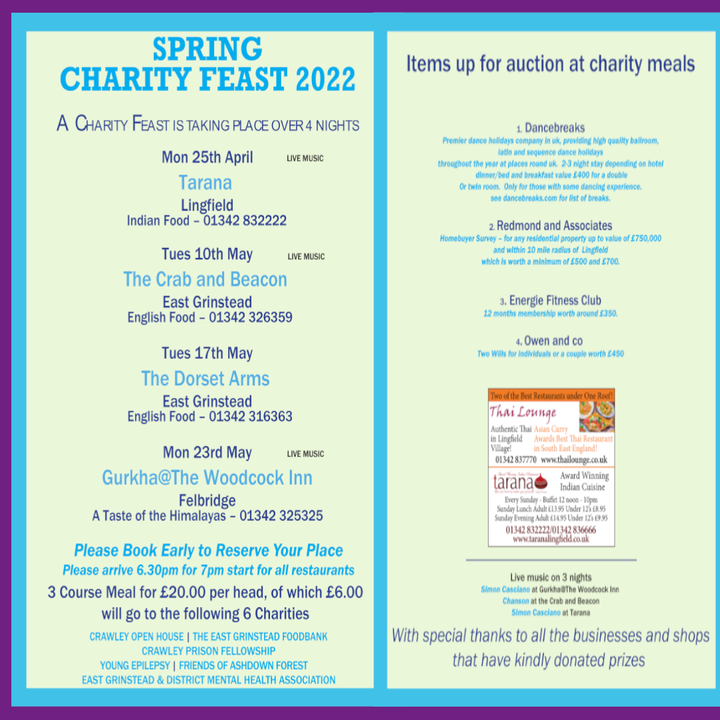 CrawleyOpenHse's tweet photo. We are delighted to be one of the beneficiaries of the Spring Charity Feasts!

A fantastic 3 course meal at the Dorset Arms, East Grinstead this Tuesday! Book on 01342 316363

#homelessness #homeless https://t.co/f5LDhQuVdm