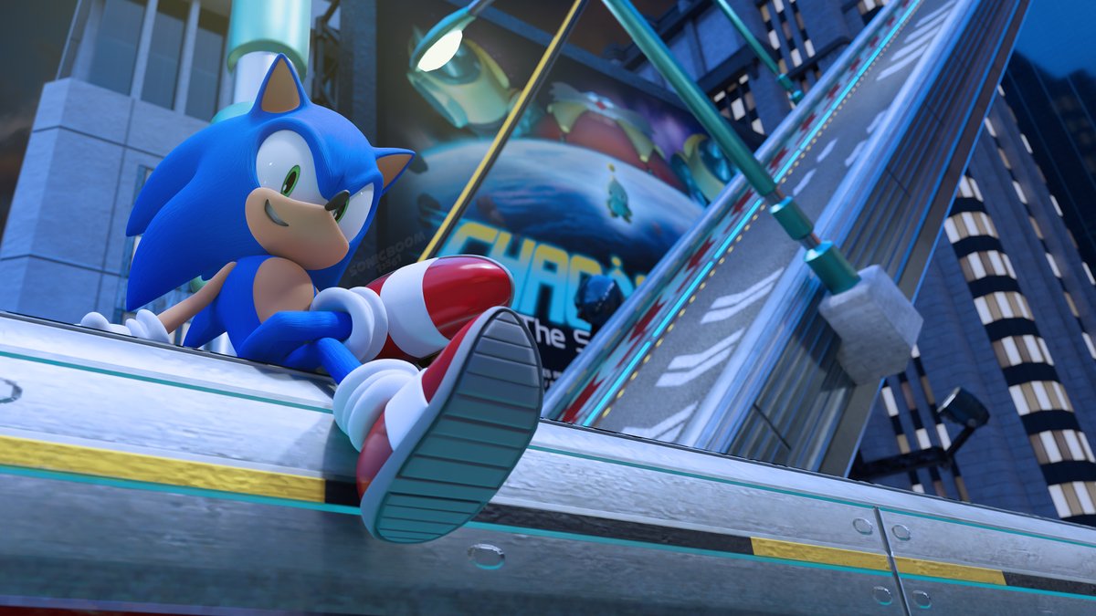 Sonic the Hedgehog sitting cross-legged on a street barrier in "Speed Highway."