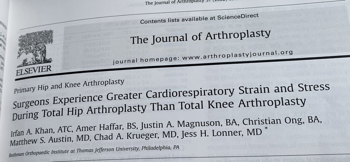 Cool study in <a href="/JArthroplasty/">The Journal of Arthroplasty</a>.

THA burns 278 cal/hr, TKA 225.

I personally don’t like eating between cases but have been known to enjoy a cranberry juice/ginger ale cocktail and a couple spoonfuls of peanut butter.

#orthotwitter
