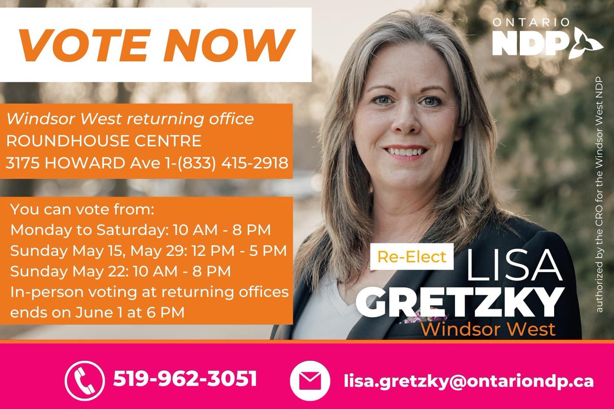 LGretzky's tweet photo. You can vote as early as today until 5PM. 

Head over to the Windsor West Returning Office located at the Roundhouse Centre - 3175 Howard Avenue unit 1A OR Monday-Sunday this week from 10AM-8PM.

Thank you Windsor West for your support and vote! 

#onpoli https://t.co/lOWftQdELw