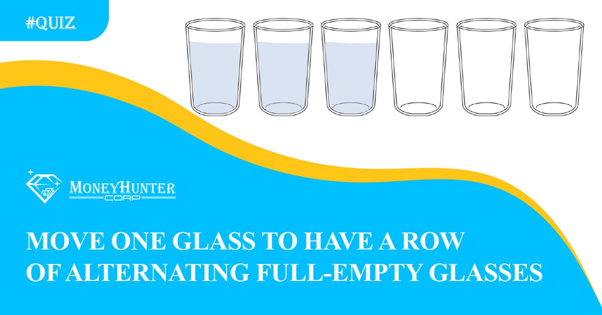 MoneyHunterCorp's tweet photo. 🧑‍💼 Let's say you and your coworkers decide to play a little game by the water cooler. 
🥛Your colleagues place 6 glasses in front of you. Three empty glasses in a row followed by three full ones. 
🎯Move JUST ONE glass to create a row of alternating full and empty glasses. https://t.co/bDGOwpWlNv