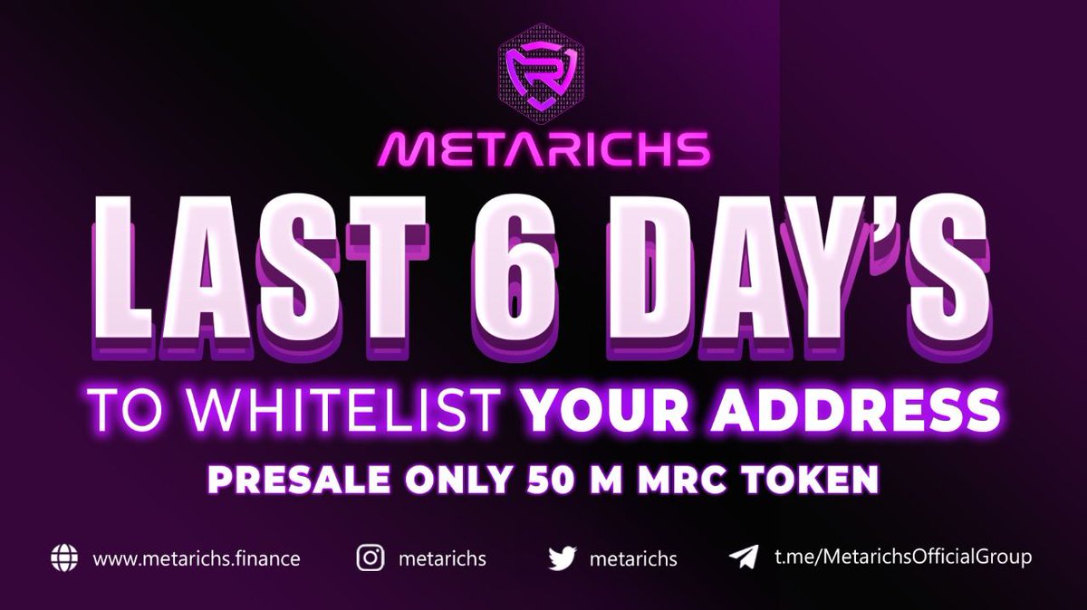 calistarichs's tweet photo. Private Sale Metarichs
⛔ For this...no second chance 🚀
🎇 Prevate sale on pinksale 🎇
https://t.co/6ZoeUew8H4
🎇 Whitelist form 🎇
https://t.co/ZpTCIuXvZD
🎇SmartContract Address Metarichs Token🎇
0xbF0f0d7fe9aDDdD697F3DA6563b8756885cB1517
More Info 👇
https://t.co/Dgqn86HUqA https://t.co/G1H7CSRr2S
