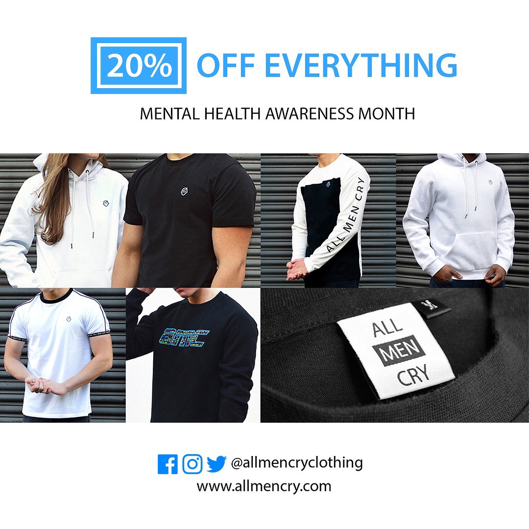 AllMenCry's tweet photo. 20% OFF EVERYTHING! 
THIS MONTH ONLY!

#mentalhealthawarenessmonth
#mentalhealth #fashion #men #summer #london #tee #hoodie #mentalhealthawarenessweek #mensmentalhealth #mentalhealth #clothing https://t.co/c5Gxvv52ZM