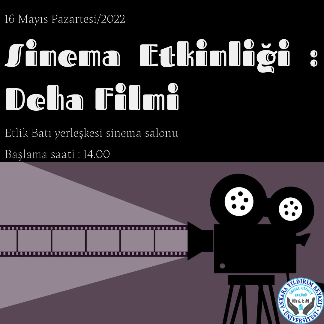 Herkese merhaba ✋🏻
Deha filmini izleyip, yorumlayacağımız, ardından sohbet edeceğimiz tatlı bir deneyim için sizler de bize katılabilirsiniz, etkinliğimiz her bölüme açıktır ☺️
🎬 Film: Deha
📆 Tarih: 16 Mayıs Pazartesi 
📍 Yer: Etlik Batı yerleşkesi sinema salonu
🕑 Saat : 14.00