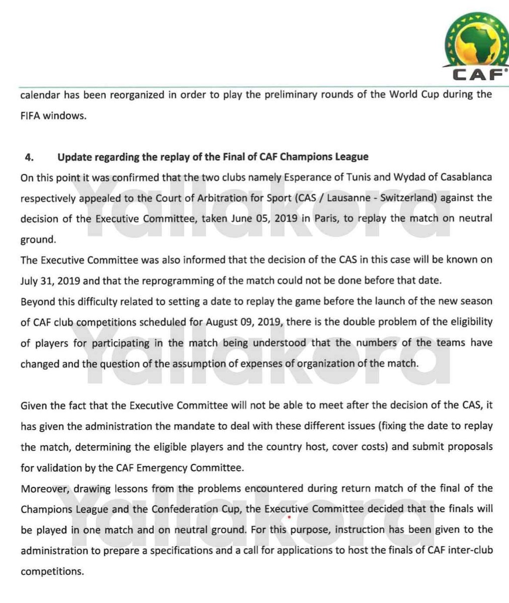 KarimSaid's tweet photo. CAF Executive Office following the events of EST VS. Wydad match in 2019:

A clear decision in the last Para. stipulates that “ Champions League finals after 2019 will be held on a one-match system and on a Neutral ground.”

Shame On CAF!!

 #TotalEnergiesAntiCAFcorruption https://t.co/2lcQ70jJA1