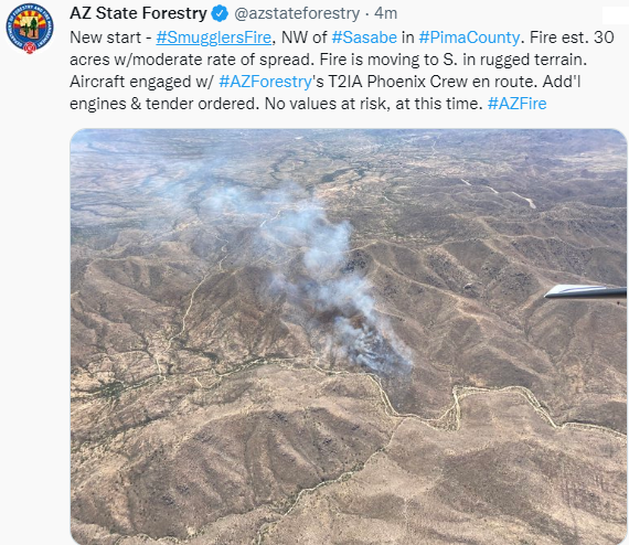 CCFirenIncident's tweet photo. #AzDFFM:New start - #SmugglersFire, NW of #Sasabe in #PimaCounty. Fire est. 30 acres w/moderate rate of spread. Fire is moving to S. in rugged terrain. Aircraft engaged w/ #AZForestry's T2IA Phoenix Crew en route. Add'l engines & tender ordered. No values at risk, at this time. https://t.co/7Uf1GvKS6t