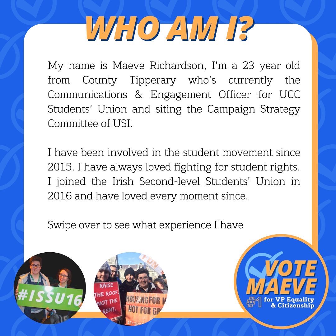 maeve4equality's tweet photo. So some of you might be wondering? Who am I? 📣 
My name is Maeve Richardson,  I’m running for VP Equality &amp; Citizenship in @TheUSI 
I’ve been in the student movement since 2015 but my experience goes beyond that! Read below 👇🏻 https://t.co/1uJxZDfGi9