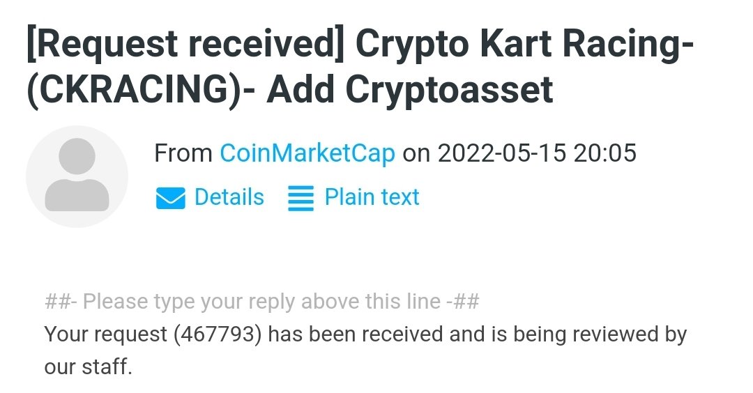We, as $CKRACING Token applied to CoinMarketCap successfully.
Our ticket number is 467793.

We are awaiting in excitement to be listed on CoinMarketCap

#CoinMarketCap #CMC 
<a href="/CoinMarketCap/">CoinMarketCap</a>