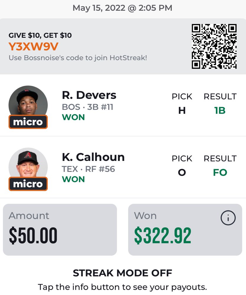 1Finally_Famous's tweet photo. Nice W to kick things off! ๐ฅ๐ฅ Got this in when DEVERS was on deck 30 sec before he disappeared! Just know Iโm going to play him every AB if heโs still โ6X any hitโ STREAK MODE โOFFโ youโll win big if he hits no matter what #MLB #MLBPicks #GamblingTwitter #WINNER_COMEBACK_WHEN https://t.co/hqtyUjkb2d
