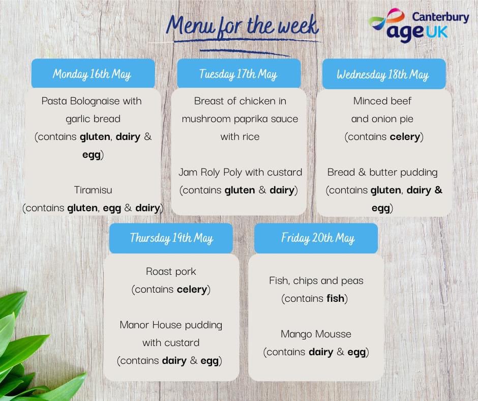 Take a peek at our Meals at Home Menu for next week😋 
Each freshly cooked two course meal costs £8.50 including delivery straight to your door🏡.  If you would like to order with us, please call us on 📞01227 462368 or email: teresa@ageukcanterbury.org.uk