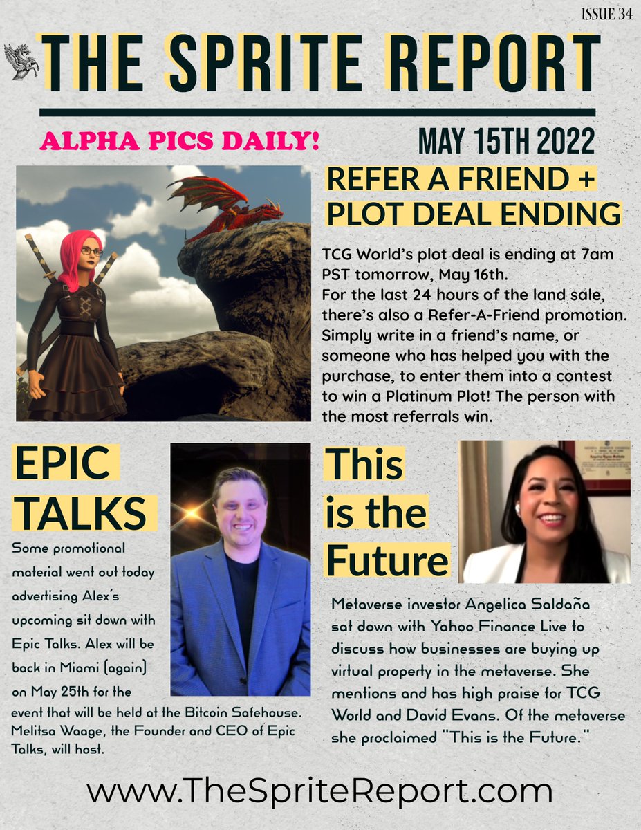 TheSpriteReport's tweet photo. TCG World Metaverse News for May 15th 2022.
Alpha Pics Daily! Click Through for new pics every day!
https://t.co/MQCpicsV7Q
@OfficialTCGCoin @AlexNaseTCG @EvansTcg @AngelofYHVH @YahooFinance #EpicTalks #TCGWorld #Metaverse #TCG2 #DragonFollowDragon #TheSpriteReport https://t.co/qHcHjlwdxZ