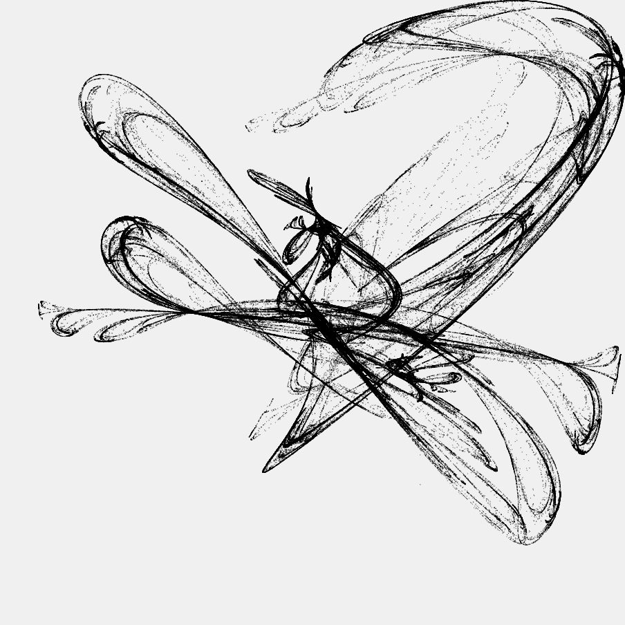 piterpasma's tweet image. data:text/html,&amp;lt;canvas id=x&amp;gt;&amp;lt;script&amp;gt;X=x.getContext(&quot;2d&quot;);s=Math.sin;p=[...Array(x.height=x.width=w=904)].map(G=Math.random);w/=2;g=([x,y],[a,b,c,d])=&amp;gt;w+s(3*a*x/w+7*b)*s(7*c-3*d*y/w)*w;for(v=[0,i=9e5];--i;v=v?.map((x,j)=&amp;gt;g(v,p.slice(h+j*4))))h=G(X.fillRect(...v,1,1))*32|7&amp;lt;/script&amp;gt;