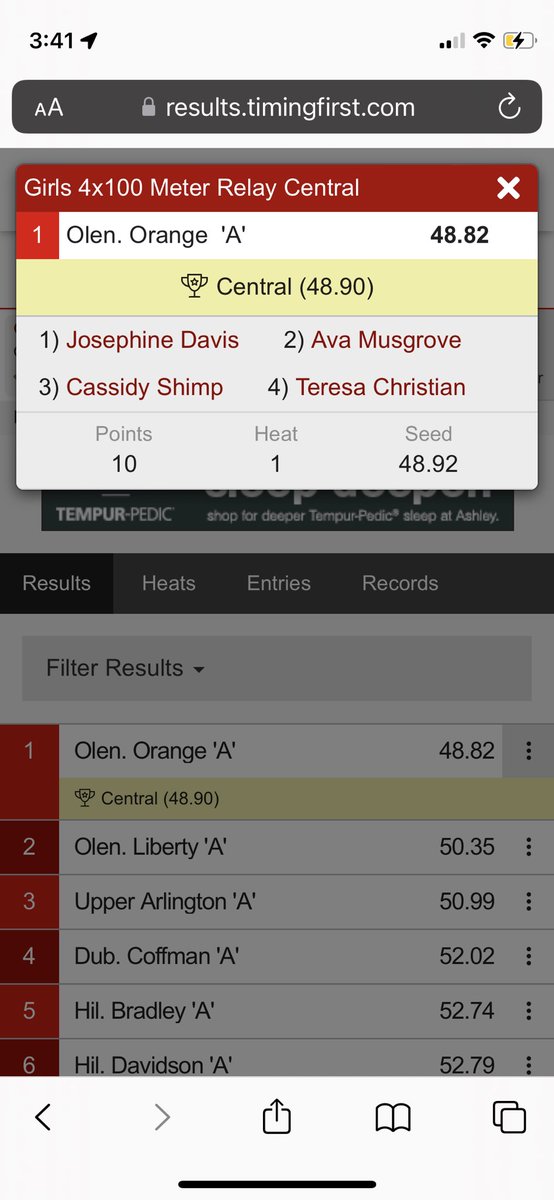OOHSTandF's tweet photo. Girls 4x100m of J. Davis, @MusgroveAva C. Shimp @tereschristian are OCC Champs and set an OCC Central division record of 48.82!🥇🔥🥇🔥🥇🔥 https://t.co/DUAUmDr4bU