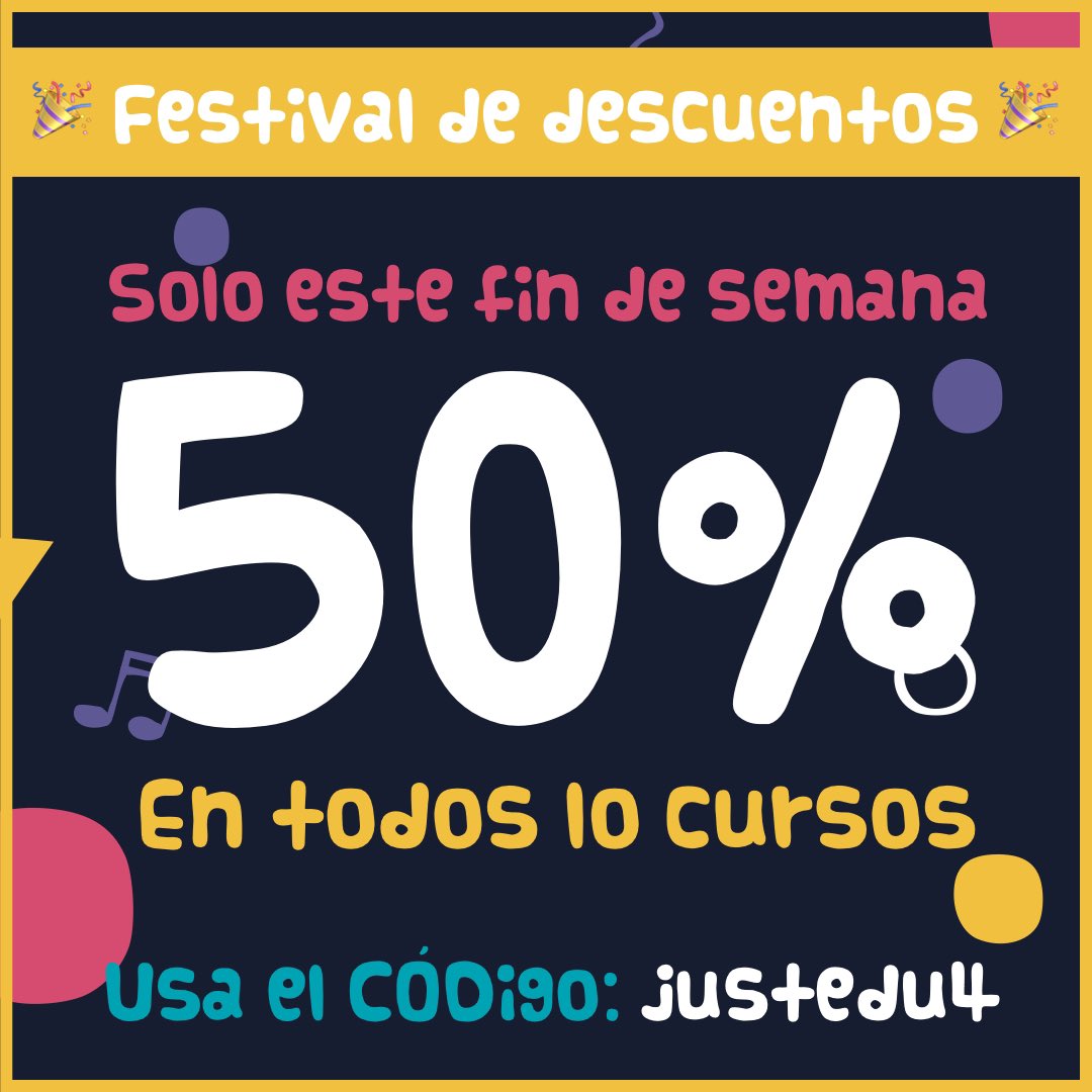 justedues's tweet photo. Solo 3h… todos los cursos al 50% para celebrar este pedazo de festival! 🙌🏽 

Usa el Código 👉🏼 justedu en  https://t.co/wYVPFLCkBR

#justedufestival #justedu https://t.co/PDZ8TMvjFg
