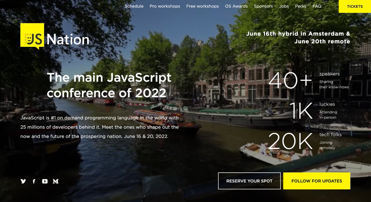 I am giving away 3 hybrid (in-person + remote) conference tickets for JSNation <a href="/thejsnation/">JSNation | The key JS conference</a> in Amsterdam!

That's 3x €420 value, so thanks JSNation for letting me give this away!! 🥳

RT + Follow + reply your favorite emoji to participate!

Winners chosen next week! #javascript
