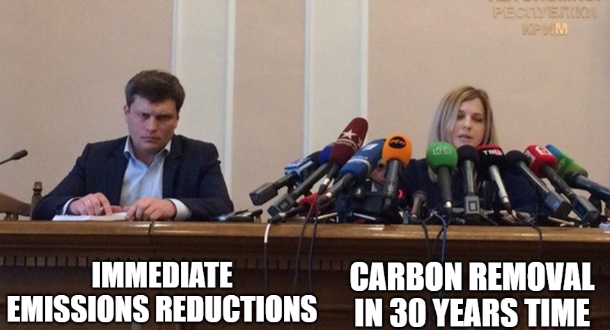 a meme with a sad guy sitting behind one small microphone, and a woman behind like maybe 30 huge microphones. The guy is labelled "immediate emisisons reductions", and the woman is labelled "carbon removal in 30 years' time". Honestly though this is how media coverage of IPCC WG3 went down, and it's infuriating. Such a weird imbalance. What's going on!!!