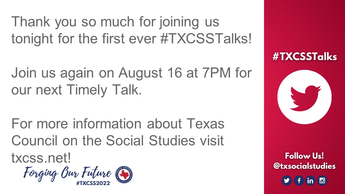TxSocialStudies's tweet photo. We are so grateful that you joined us tonight! 👏

We hope you join us for the next #TXCSSTalk on Aug 16 at 7 PM!

If you haven't already joined our friendly family of #socialstudies educators, check us out at https://t.co/jPSDkoq63q and become a part of we we are doing in #txed. https://t.co/GXGVv3tgPQ