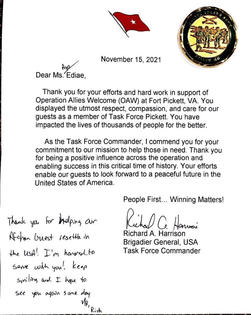 ayoamen's tweet photo. It was an honor to receive a letter from a US military official appreciating my work in Fort Pickett in support of Operations Allies Welcome (OAW) Afghan Guest in Virginia, United States in 2021. I would like to thank @CelestinFranz &amp; @IOM_USRAP for giving me opportunity to serve https://t.co/HZcgpwrdES