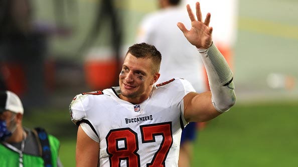 WEEI's tweet photo. Rob Gronkowski drops biggest hint yet on his plans for 2022 season https://t.co/R6NgSlN6OE #ForeverNE https://t.co/IVP6qkU7Jh