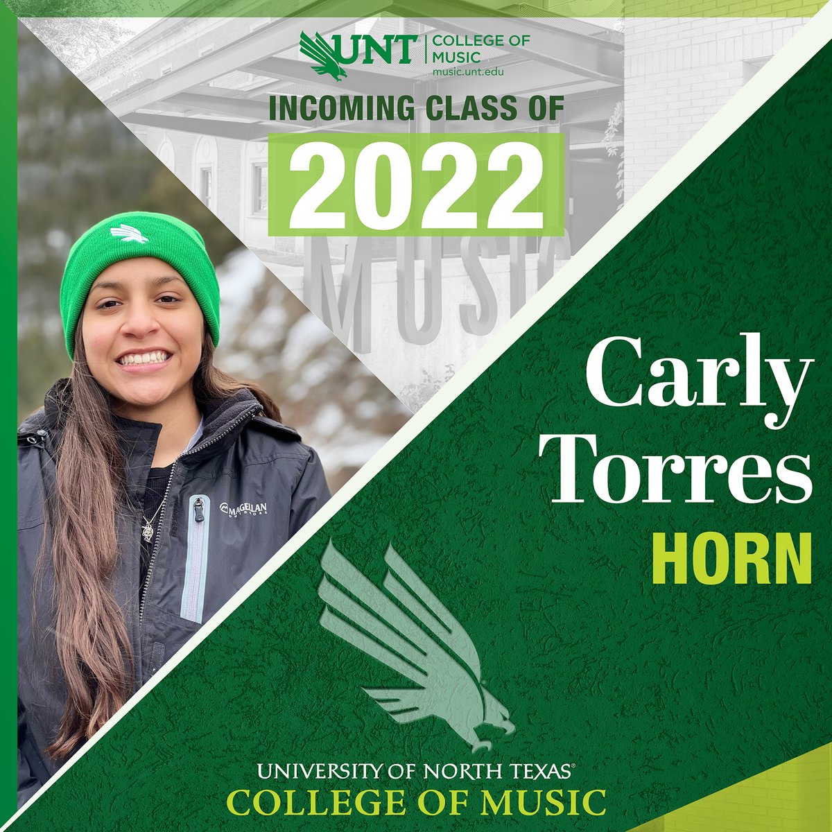 UNT College of Music (@untcom) on Twitter photo WELCOME NEW STUDENT: Carly Torres joins the <a href="/UNTsocial/">University of North Texas</a> College of Music this Fall as a horn student. @JohnWRichmond2 <a href="/UNTPrez/">Harrison Keller, Ph.D.</a> <a href="/UNTadmissions/">UNT Admissions</a> WELCOME NEW STUDENT: Carly Torres joins the <a href="/UNTsocial/">University of North Texas</a> College of Music this Fall as a horn student. @JohnWRichmond2 <a href="/UNTPrez/">Harrison Keller, Ph.D.</a> <a href="/UNTadmissions/">UNT Admissions</a>