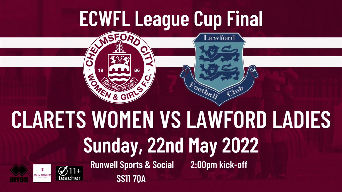 📆 There's still so much more to play for this week for <a href="/ClaretsWomen/">Chelmsford City Women FC</a>!

First up on Sunday the focus is on the <a href="/ecwfl/">Essex County Womens Football League</a> League Cup Final vs <a href="/fc_lawford/">Lawford Ladies FC</a>!

Admission is free and <a href="/EHAAT_/">ehaat_</a> will also be at the gate taking donations.

#ClaretsTogether ⚪ #CCFC