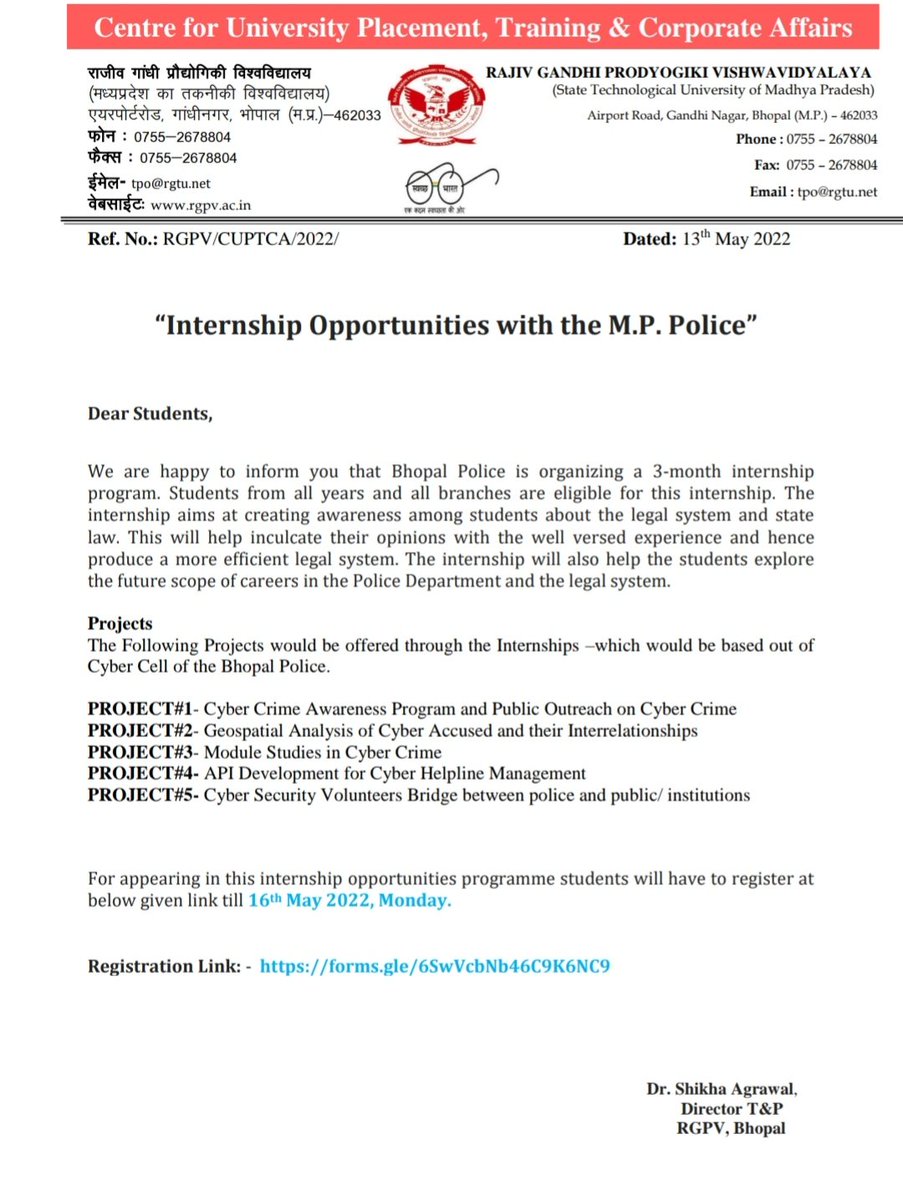 Students Notice for Internship of MP Police.pdf
forms.gle/6SwVcbNb46C9K6…
