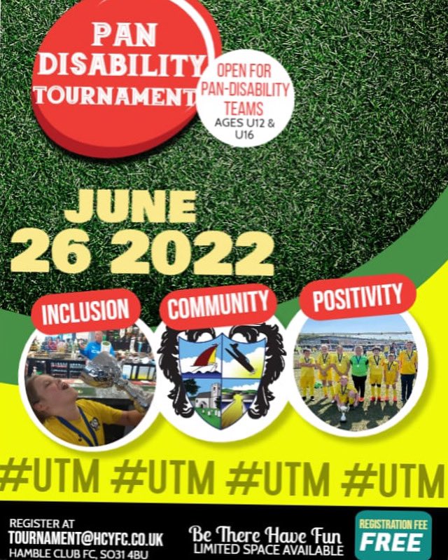 Hamble Club Youth pan disability are Hosting a pan disability tournament on Sunday, the 26th of June For under 12 and under 16 to enter please email tournament@hcyfc.co.uk
Free entry <a href="/disabilityfoun/">Disability Football Foundation</a> <a href="/Teamgrassroots_/">Grassroots</a> #football #LetsMakeItHappen #footballforall <a href="/HampshireFA/">Hampshire FA</a>