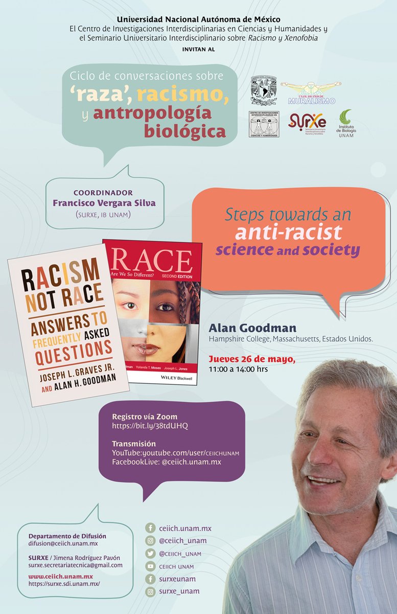 FVShpss's tweet photo. This time I will talk to @AHGoodman18, a true pioneer of reflexivity in physical/biological anthropology and an international expert on the cultural/societal impacts of scientific discourses on 'human difference'. The conversation will be held in English. ¡Bienvenido, Alan! https://t.co/XcrRcAECTk