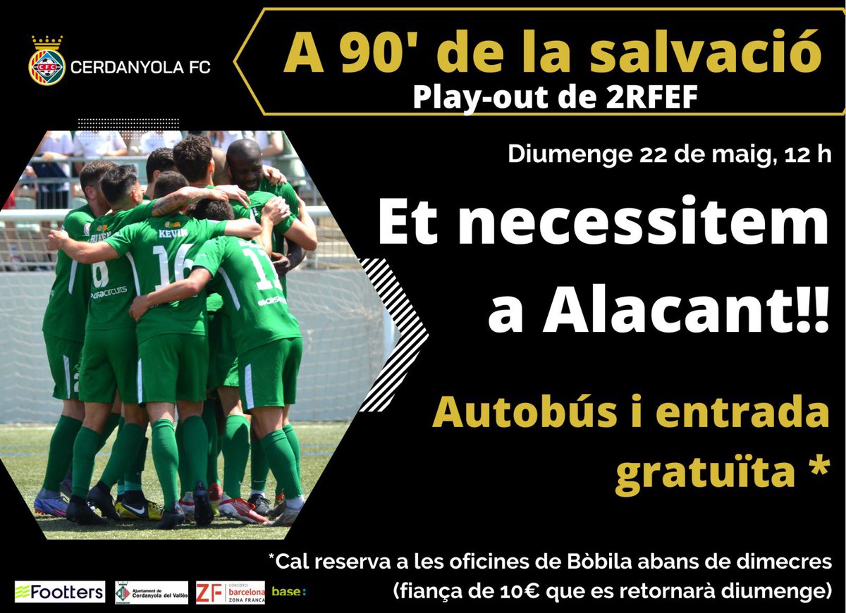 🔥TOTS AMB L’EQUIP!🔥

⚽️Queden 90’ per la salvació! Partit a cara o creu!!

👉🏻Demà a les 11.30 h coneixerem rival i seu, però l’equip us necessita!!

🚌🎟I el club habilitarà autobús i entrada gratuïta per ser el jugador número 12 a la graderia!
👇🏻👇🏻