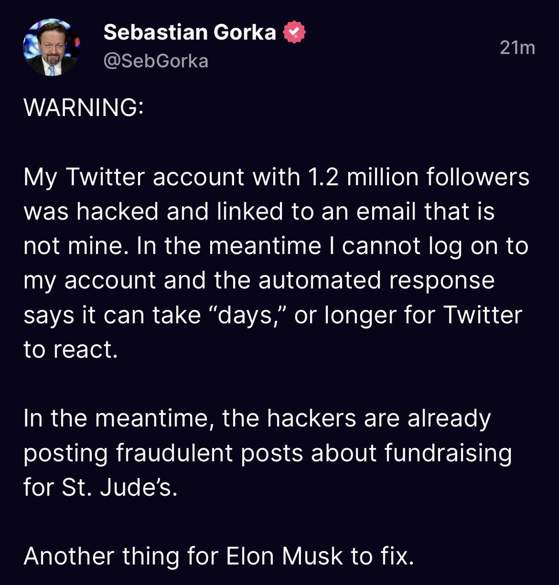 RT @RonFilipkowski: Someone hacked Seb Gorka’s account and is now using it to sell PlayStation 5s to his followers. https://t.co/cPnyqtAXzh