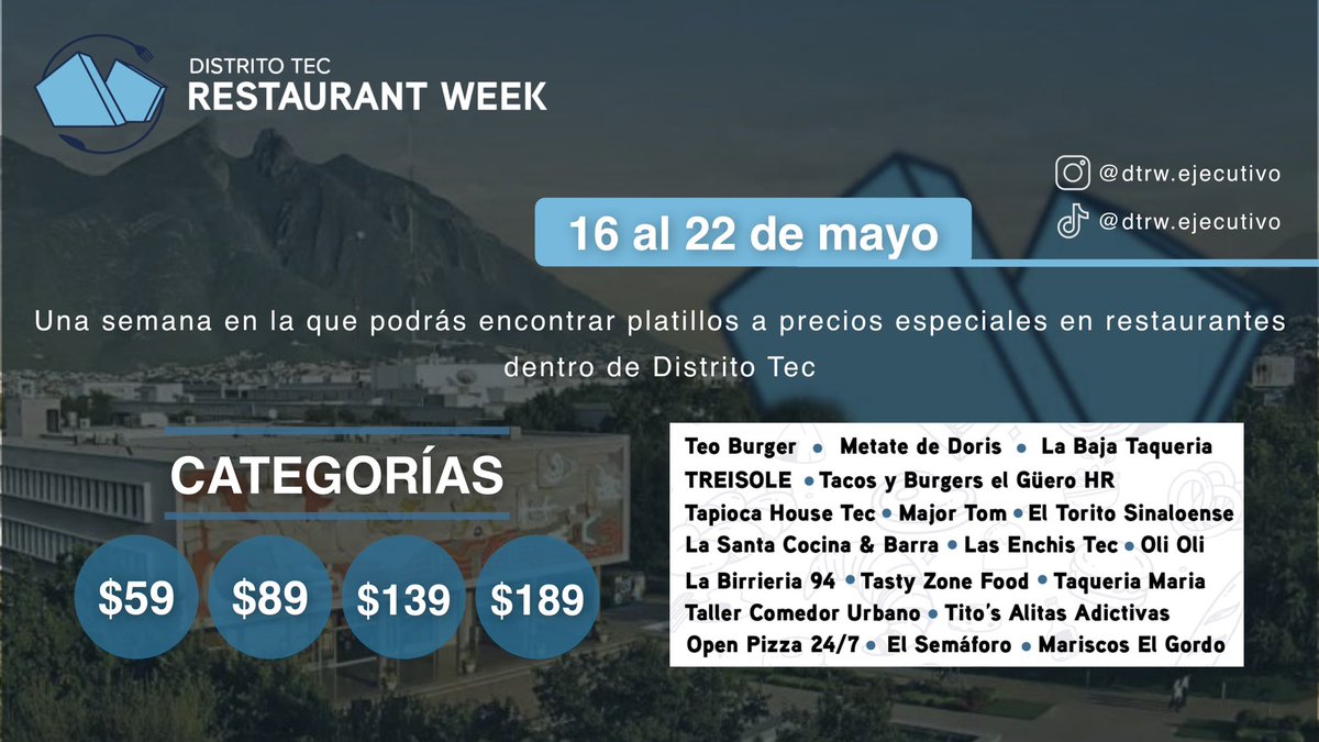 🌮 Mañana comienza #DistritoTecRestaurantWeek 
💙 Una semana en la cual podrás disfrutar de platillos especiales en los restaurantes de nuestra zona Tec. 
🙌🏼¡No te lo pierdas!