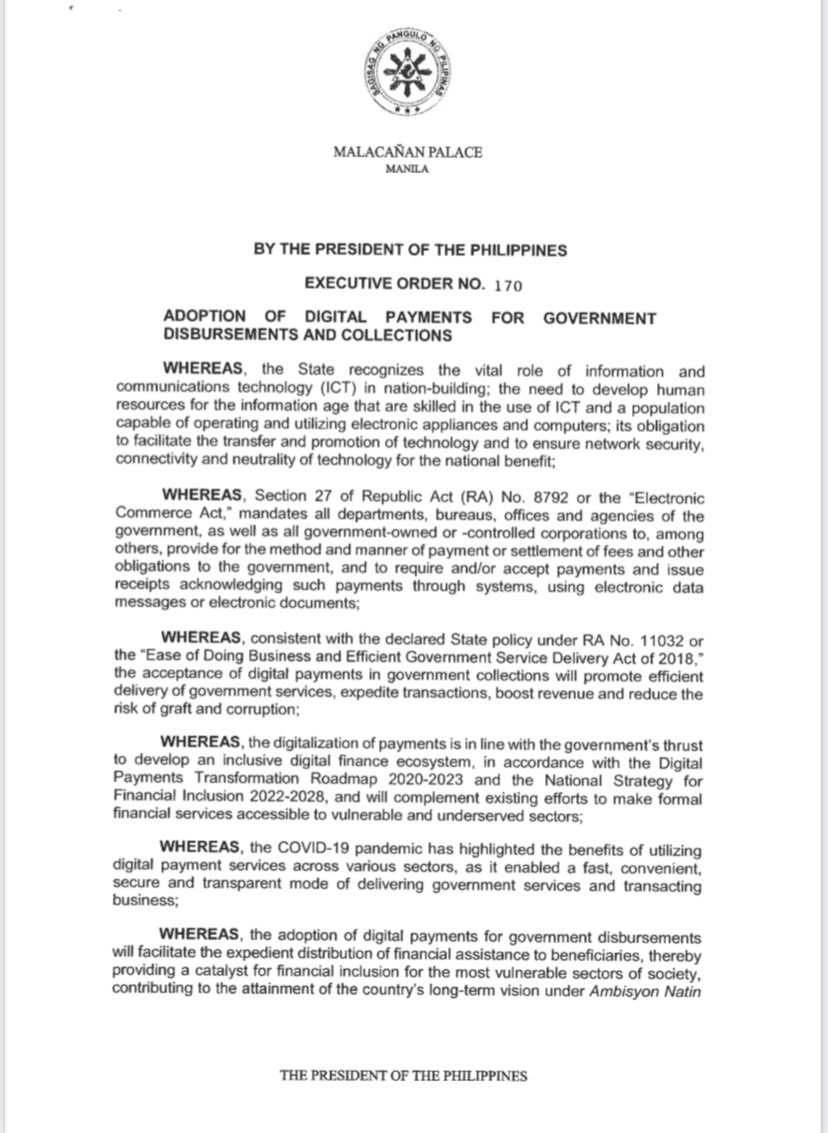 piaranada's tweet photo. A little over a month before stepping down, President Duterte issues EO 170 requiring government agencies and state-run schools to use digital methods for government transactions, like disbursement of assistance or payment of taxes/fees.

@rapplerdotcom https://t.co/HJ5xEERifg