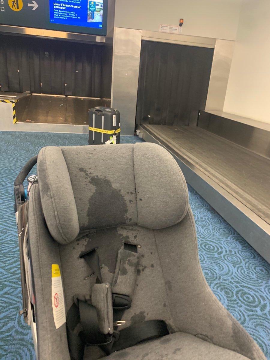rfhigdon's tweet photo. .@AirCanada What’s with drenching our car seat (and many others) and tearing the protective bags? Baby sitting on a wet seat on ride home. Fix this?? https://t.co/xjXd2b364E