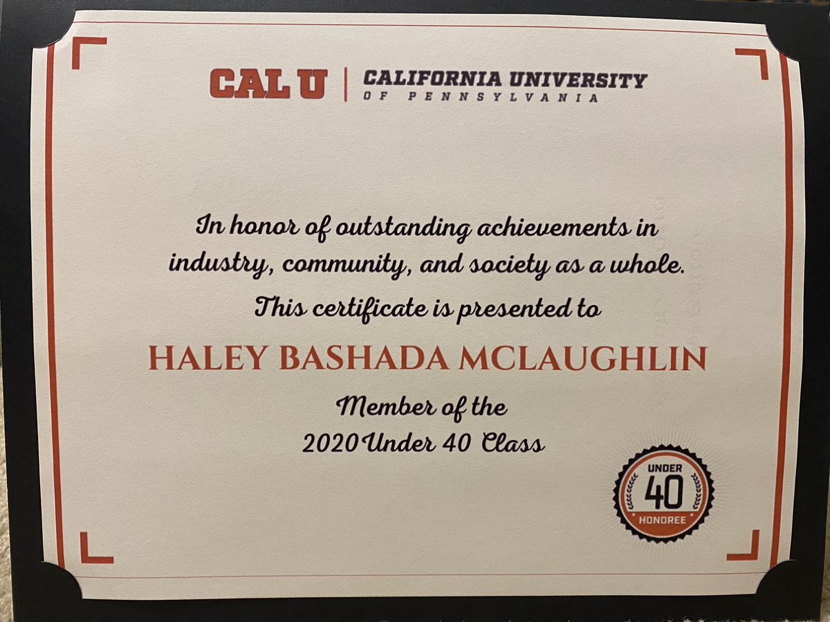 Haley_McL9's tweet photo. Very proud to have been honored as a @CalUofPA 40 Under 40 recipient on Friday. My parents, β85 & β89 grads, and my husband, who is currently getting his MBA there, attended with me. CAL U will always be special for us no matter what itβs called.π€β€οΈ #CalU4Life https://t.co/zae5NCMO6M