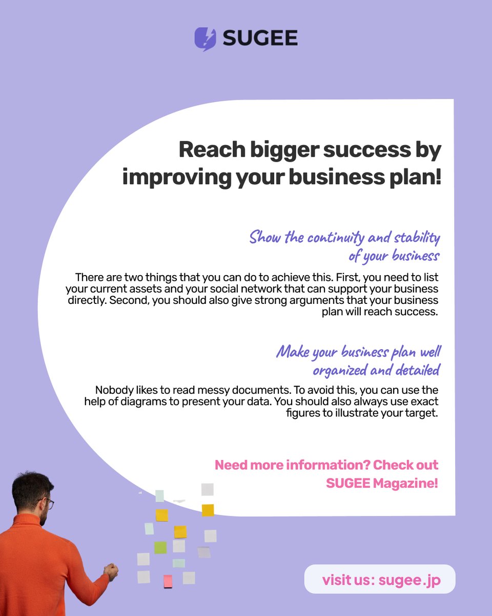 SugeeKansai's tweet photo. Got a solid business plan? You can go the extra mile by taking care of the deets! Here's another two things that you can improve on your business plan to secure your success!
#businessplan #businessjapan #startingabusinessinjapan #foreignbusiness #japanbusiness #lifeinjapan https://t.co/mcrfWVYePv