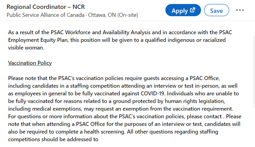Balacla27914533's tweet photo. Hello @psac_afpc. Discriminatory hiring practices based on race, gender AND vaccination status (a vax that doesn't stop infection/transmission). I guess your unvaxxed members on LWOP have no hope in hell of proper representation. 
#FailureToRepresent #GoWokeGoBroke #LawyerUp https://t.co/kaaifiE5qX