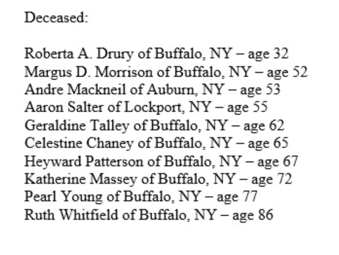 BrianEntin's tweet photo. Buffalo supermarket shooting victims.
The youngest just 32. The oldest 86. https://t.co/BKty9hgAlr