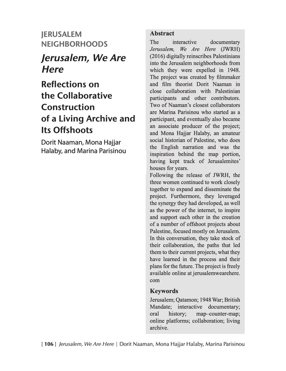 jwrhidoc's tweet photo. An essay in the form of a conversation, co-authored by @NaamanDorit, @mparisinou and Mona Hajjar Halaby, on their collaboration was published by in the Spring 2022 issue of @JQuarterly . We announce it on our blog as a means of commemorating the #Nakba. https://t.co/mxxR1bcTla https://t.co/fpyzg885PE