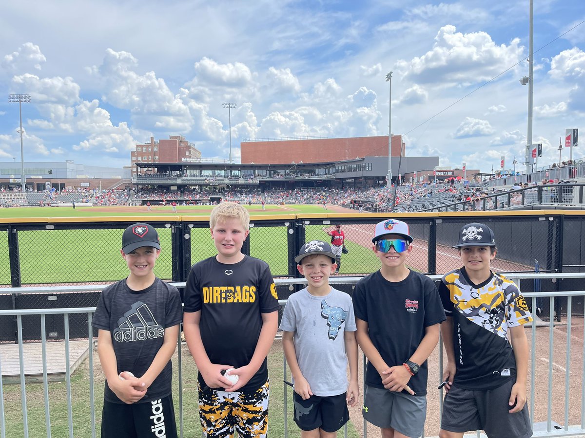 TR7Baseball's tweet photo. Some of our Dirtbags representing for Sunday Funday at the ballpark watching Fayetteville Woodpeckers face off against Carolina Mudcats in the final game of the series. Plus a Dirtbags first pitch! 😎⚾️☠️ https://t.co/AFpzzJDqRI