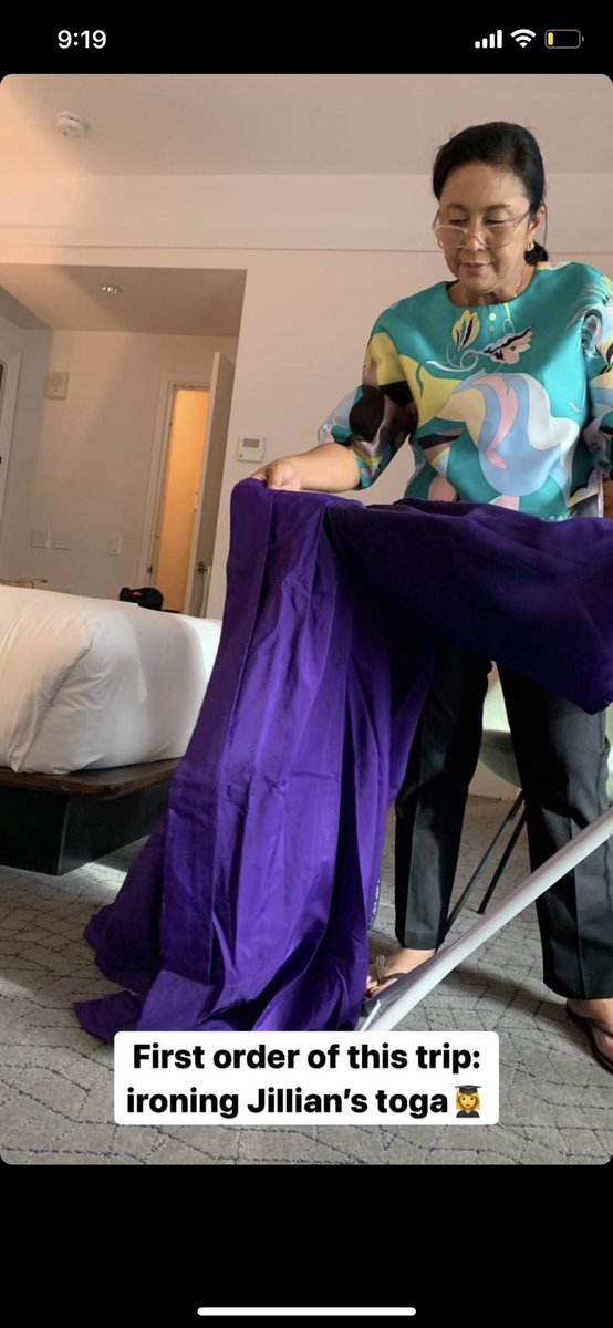 In an instagram story, VP @lenirobredo shared what she did first upon arriving in the US, which is ironing her youngest daughter Jillian's toga. (📷: VP Leni's IG) @ABSCBNNews