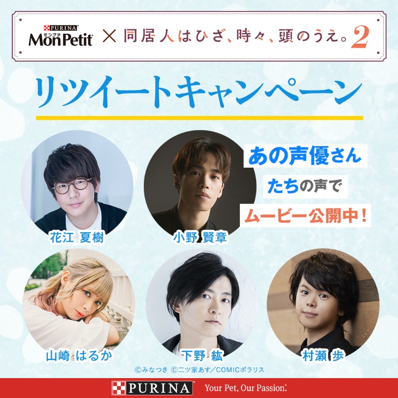 MonPetit_JP's tweet photo. ／

#モンプチ ✖ #同居人はひざ時々頭のうえ 

#RTキャンペーン 開催中🔥

＼

毎日応募できる💛

「モンプチ」公式Twitter @MonPetit_JP をフォローして対象動画をリツイートするだけ！

コラボイラストQuoカードが当たる🎁♬

豪華声優陣の声でコラボ動画を✔