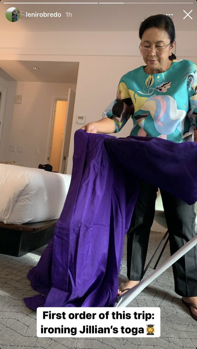 rapplerdotcom's tweet photo. Always the stage mom to her daughters, VP Leni Robredo shares an IG Stories post of her ironing the toga of her youngest daughter Jillian, who is set to graduate from New York University. Robredo is in the US with her 3 daughters for a much-needed vacation. | via @maracepeda https://t.co/ImNkHPZgDA