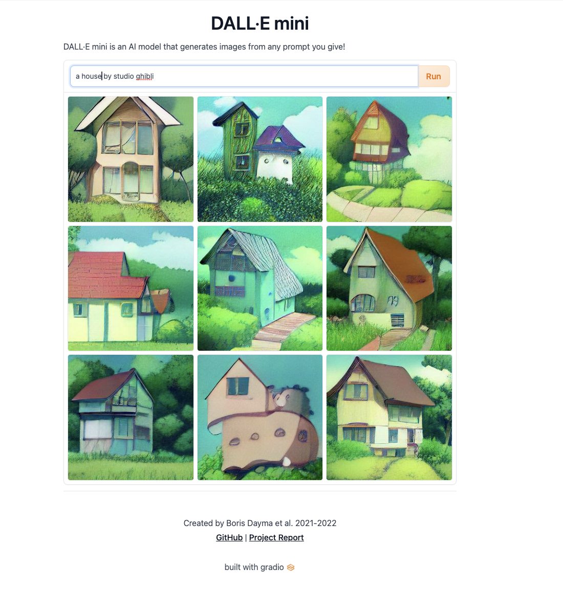 a <a href="/Gradio/">Gradio</a> Demo for DALL·E mini by <a href="/borisdayma/">Boris Dayma 🖍️</a> is now on <a href="/huggingface/">Hugging Face</a> Spaces using the new Blocks API, demo by <a href="/evilpingwin/">pngwn</a> , <a href="/abidlabs/">🍉 Abubakar Abid</a>  and Ali Abid from the Gradio team
demo: huggingface.co/spaces/dalle-m…