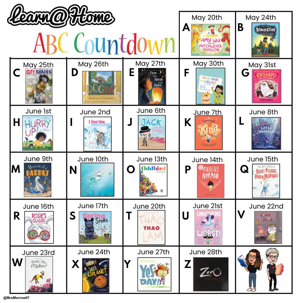 MrsMorrow07's tweet photo. 🗓Reminder: As of Friday, May 20th we have 26 days left of school! 
🔠Here is our line up this year for our ABC Countdown! 
📒What book(s) are you using to wrap up the year? 
#kindergarten #literacy #kidlit #community #SEL #diversity #inclusion #BookRecommendations https://t.co/GrhqQ1ykpz