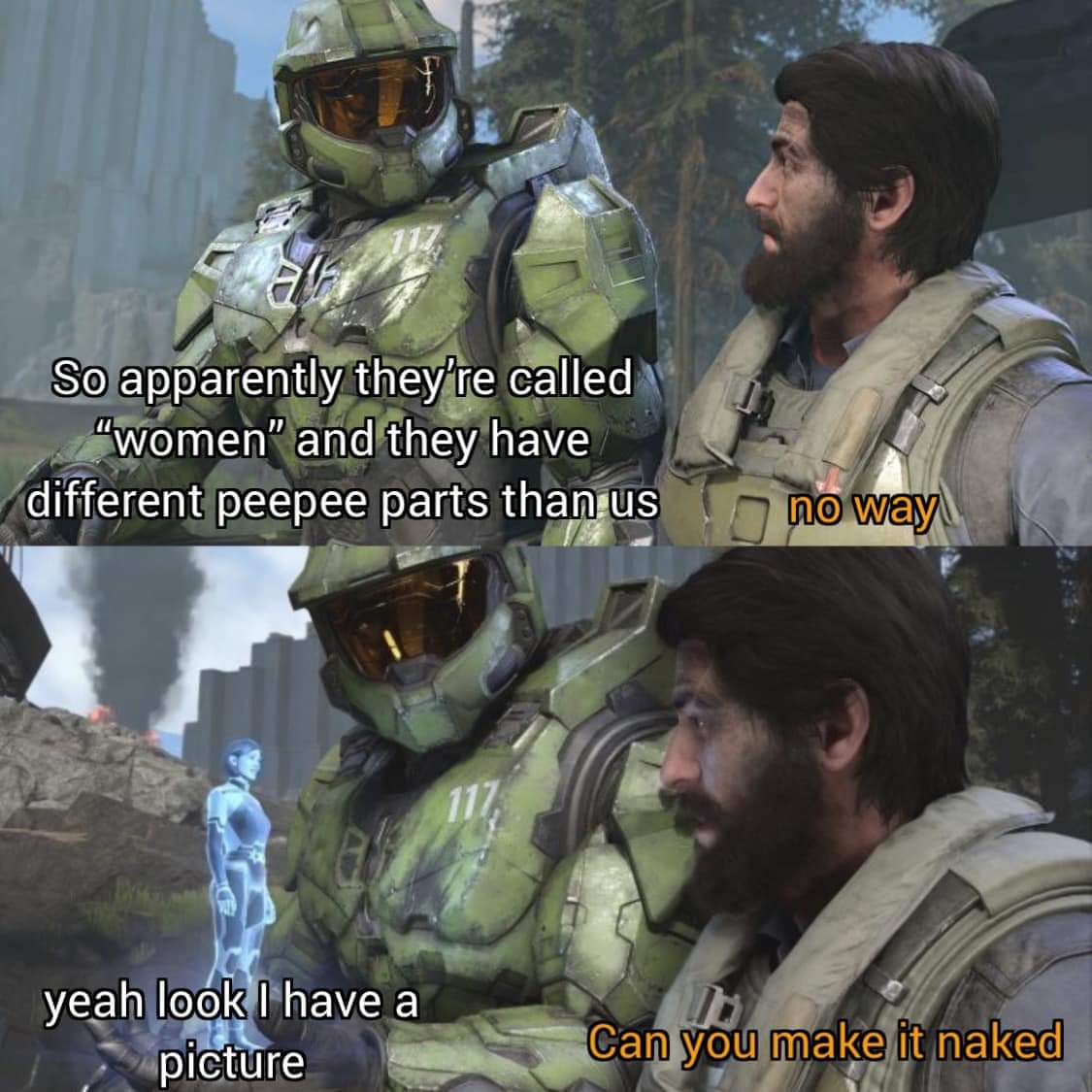 Plasmaposting's tweet photo. Average Halo fans learning what sex is after the show https://t.co/gQNz5WaA63
